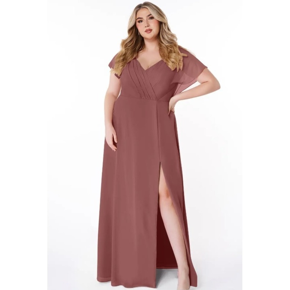 Azazie Canyon Rose Chiffon Flutter‎ Sleeve Maxi Bridesmaid Dress A20 Plus Size